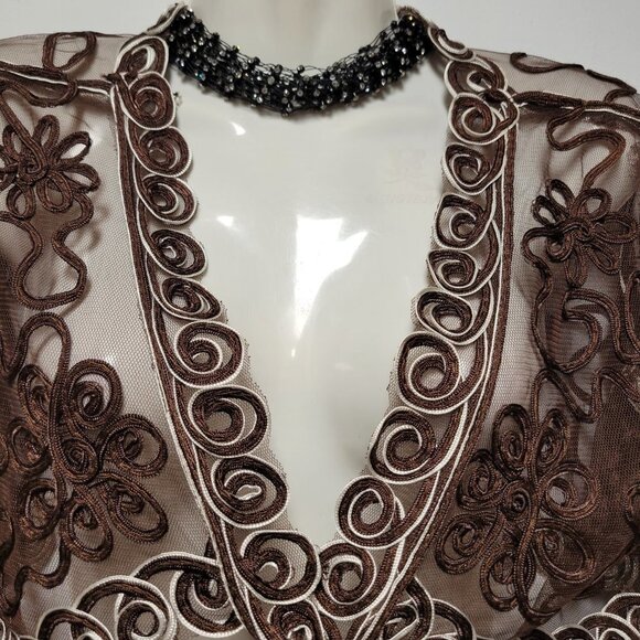 Brown Crop Jacket Bolero Top Sheer Mesh Lace Bolero Shrug Cover Up Size M - Picture 2 of 13